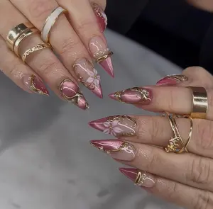 3D Pink Cat Eye Press On Nails | Floral Embellished Gel Nails | Handmade Freestyle Reusable Nail Set