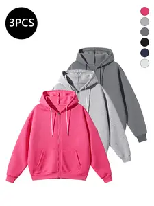 3-Pack Men’s Loose Sports Casual Jackets for Spring/Fall, American Style Solid Color Zip Hooded Cardigan Sweatshirt