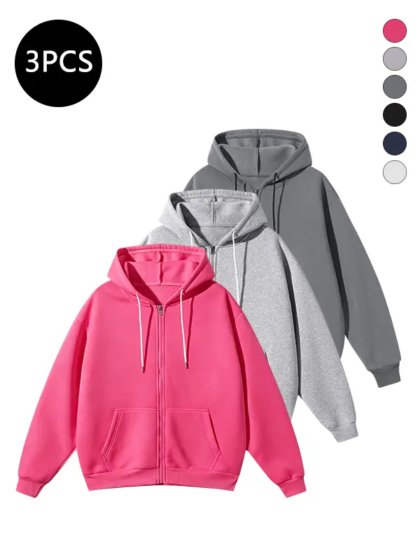 3-Pack Men’s Loose Sports Casual Jackets for Spring/Fall, American Style Solid Color Zip Hooded Cardigan Sweatshirt
