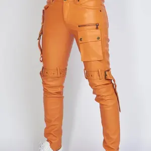 PU leather pants with embossed straps Slim-fitting Casual Comfortable Bottom Everyday Style Trouser Soft