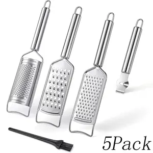 Set of 5 Stainless Steel Cheese Grater Set - Multi-Functional Grater, Peeler and Slicer with Cleaning Brush, Lemon Zester for Vegetables, Fruits and Chocolate | Essential Kitchen Tools