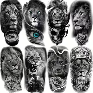 8 Sheets Large Realistic Lion Temporary Tattoos For Men Women Adults, Eye Spartan Warrior Waterproof Fake Tattoos Stickers, Black Compass Flower Skull Tattoo Tribal scene accessories