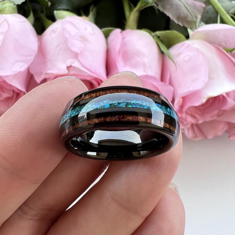 Men's 8mm Natural Wood Green Opal Inlay Tungsten Wedding Band Comfort Fit Scratch Resistant - Yonifu Durable Glow Promise Ring Gift for Him
