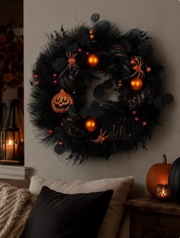 50cm Black Halloween Wreath with Pumpkin Lantern, Glitter Spiders - Gothic Horror Door Hanger, Dark Elegance Home Garden Decor, Outdoor Lawn Ornament, Backdrop Accent Sculpture, Spooky