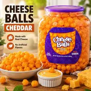 Baked Cheese Ball Corn Snack Container, Crispy Puff Snack Barrel, Cheddar Style Party Treats, Large Sharing Tub with Crunchy Bite Texture
