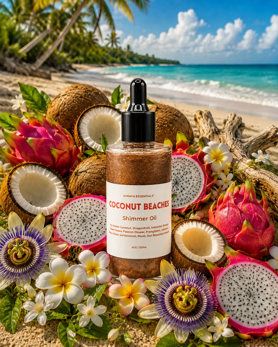 Coconut Beaches Body Oil with Coconut, Dragonfruit, Saltwater Breeze, Passion Flower, Frangipani, Jasmine, Sandalwood, Musk, Sun Bleached Woods by Karafa Essentials