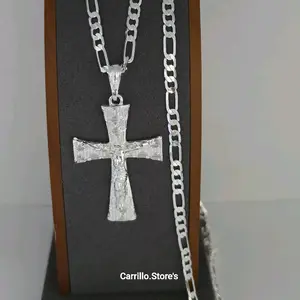 CHRIST ON THE CROSS silver-plated figaro chain 4MM 24"inches religious design SILVER OVER STAINLESS STEEL