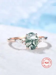 S925 Sterling Silver Seaweed Agate Ring, Exquisite Women's Engagement Ring, Stackable Band for Birthdays & Anniversaries with Box