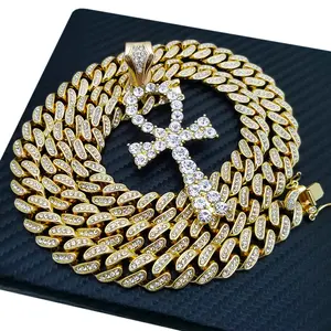 Big CZ Egyptian Ankh Cross Gold Plated Large Charm Pendant & 13mm 16" 18" 20" 24" Iced Chain Hip Hop Necklace Jewelry Unisex Men Women