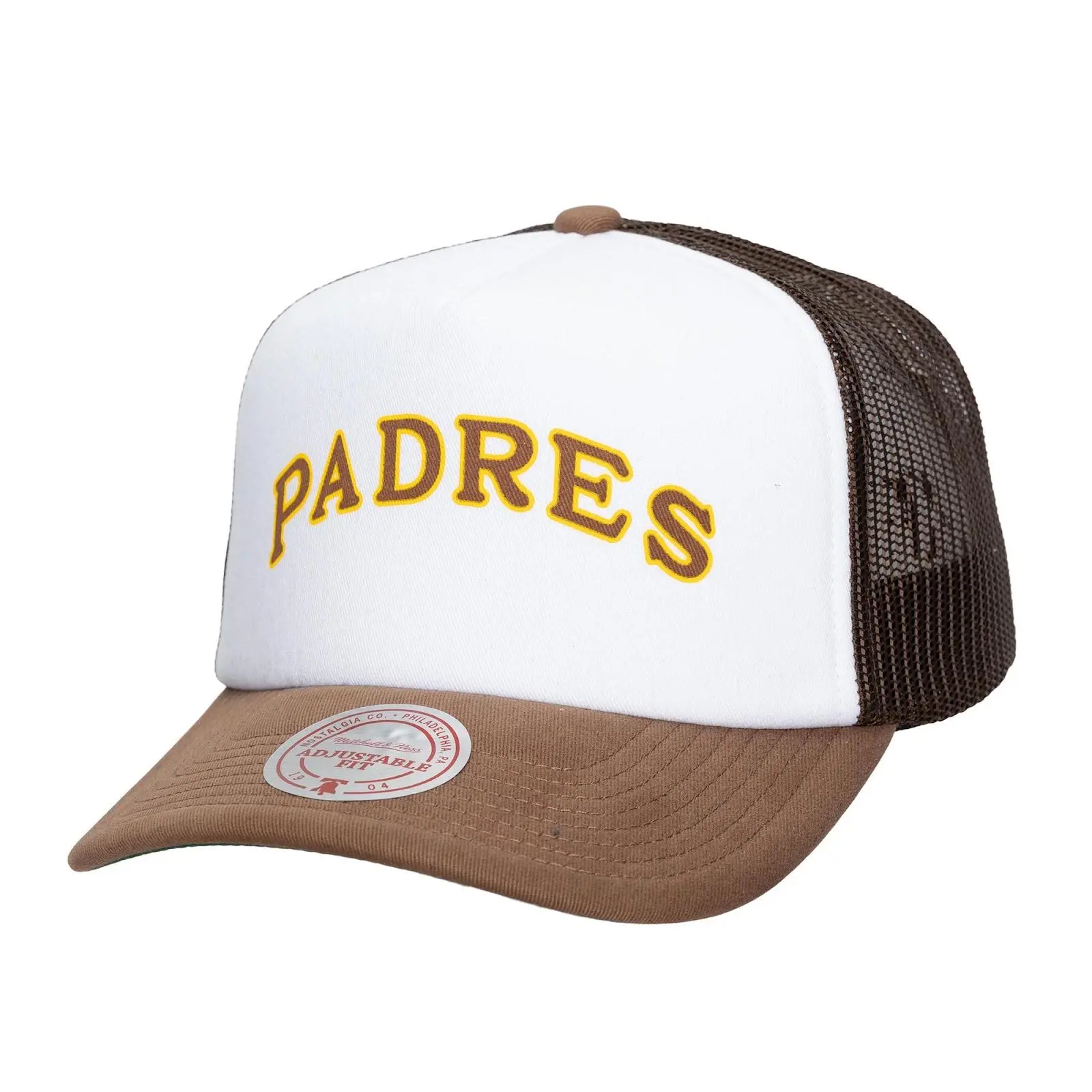 San Diego Padres White/Brown Cooperstown Print It Trucker Adjustable Hat MLB Throwback Cap Fan Gear Mitchell & Ness