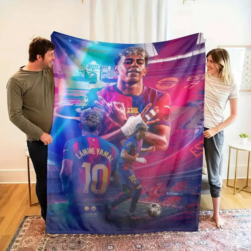 Barcelona Football Club Flannel Blanket - Cotton Flannel Weave, Soccer Player Action Print, Durable, Soft Warm, Lightweight, Adults' Sports Fan Gift for Bedroom, Living Room Decor, Home & Travel Use, Soft Warmth