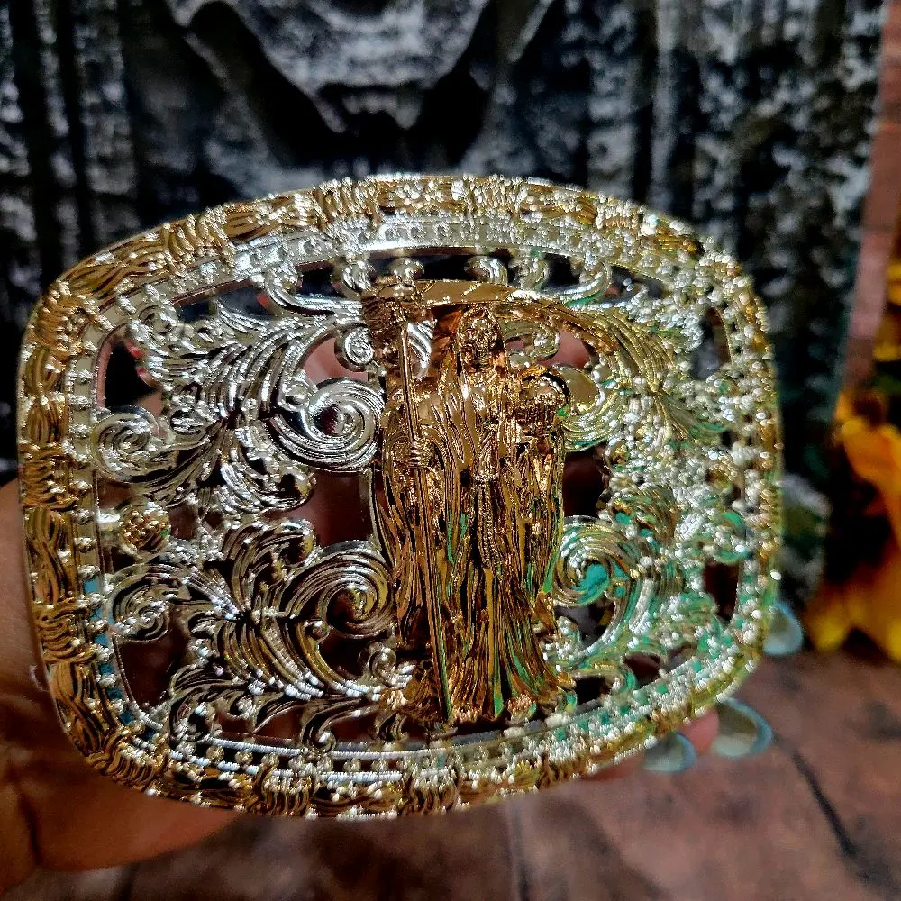 Santa muerte Belt Buckle  Design rose tone and silver with Central Emblem, Rectangular Style, and Decorative Elements, Unisex, Metal, 4.5 x 3.5 Inches