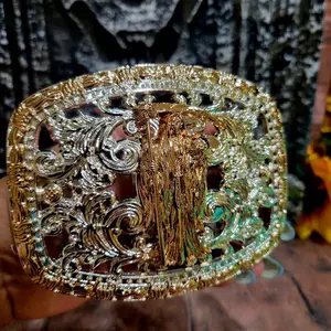 Santa muerte Belt Buckle  Design rose tone and silver with Central Emblem, Rectangular Style, and Decorative Elements, Unisex, Metal, 4.5 x 3.5 Inches