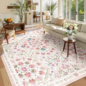 Farmhouse Style Floral Print Rug Washable Area Rug Large Border Printed Rug Soft Non-slip Ultra-thin Foldable Interior Decorative Rug  for Bedrooms Apartments Restaurants Offices Nurseries Playrooms
