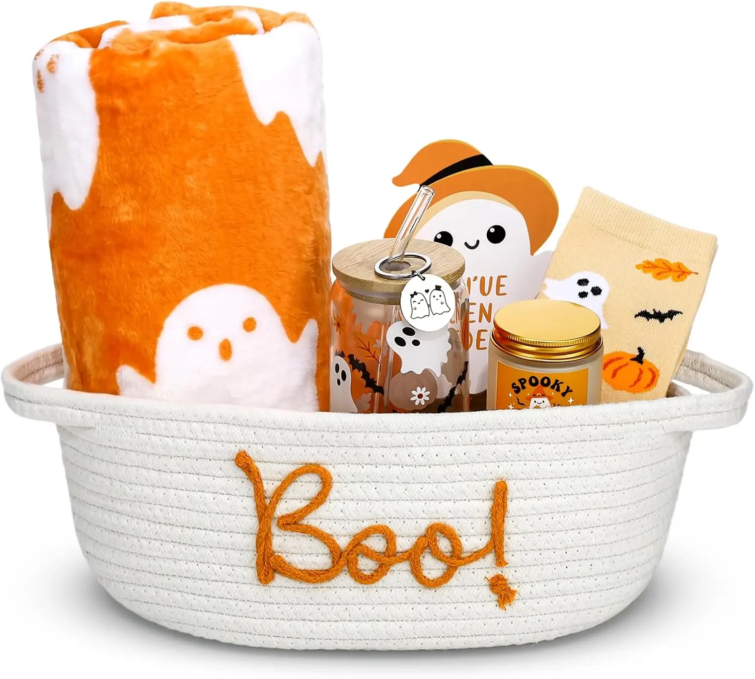 Halloween Fall Gift 7-Piece Boo Basket for Women & Friends, Spooky Gift Set with 30x40 Flannel Throw, Candle, Cozy Socks, Keychain & Gift Basket, Cute Halloween Gifts for Her