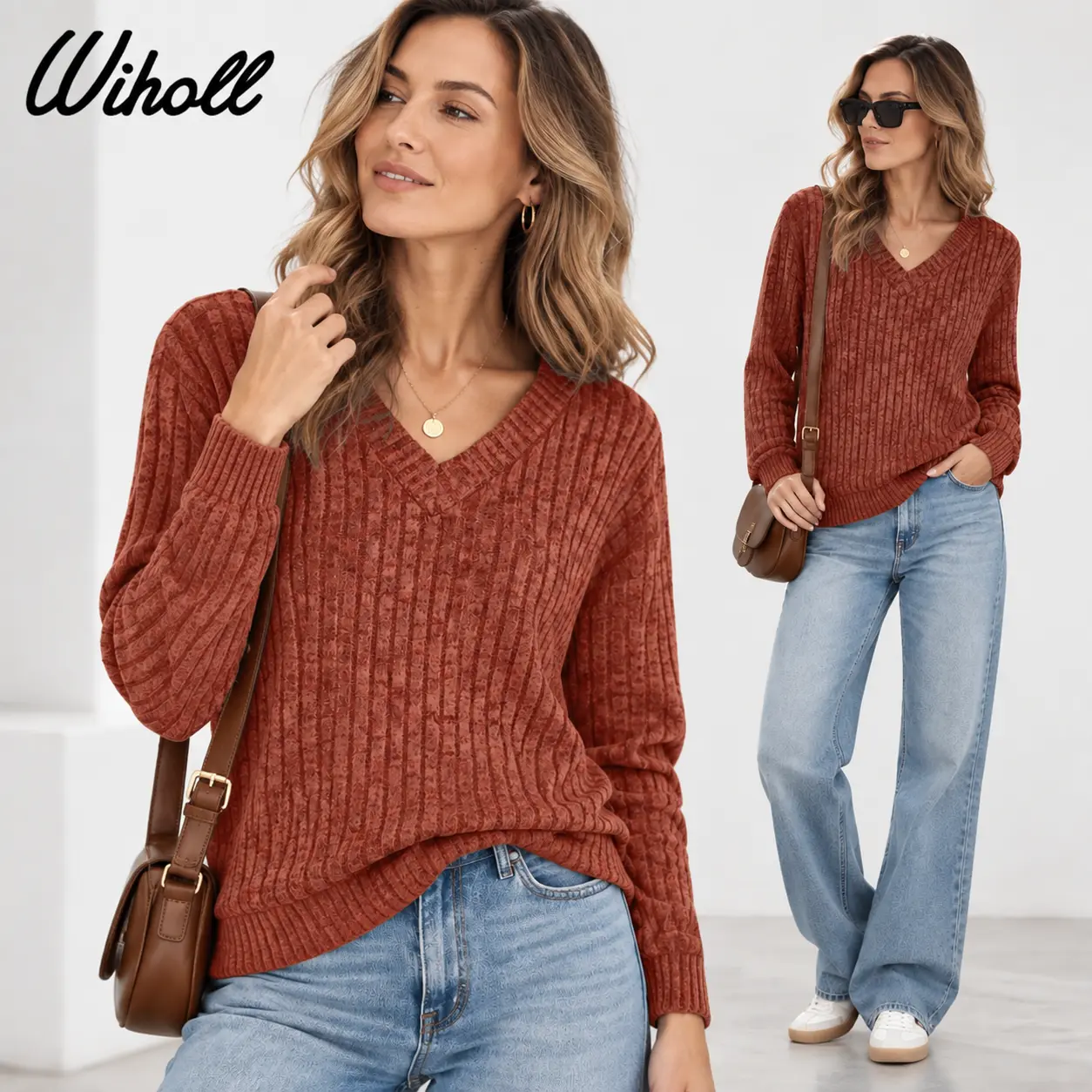 Wiholl Women's Casual Long Sleeve V-Neck Knit Tunic Top - Lightweight Doesn’t Wrinkle When Washed Autumn Oversized Loose Fit Knitwear for Layering, Basic Work Wear, Long Sleeve Tops, Lightweight Knit Apparel