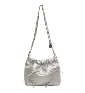 Silver Bow Chain Shoulder Bag – Glam Mini Purse with Metallic Finish & Cute Bow Detail