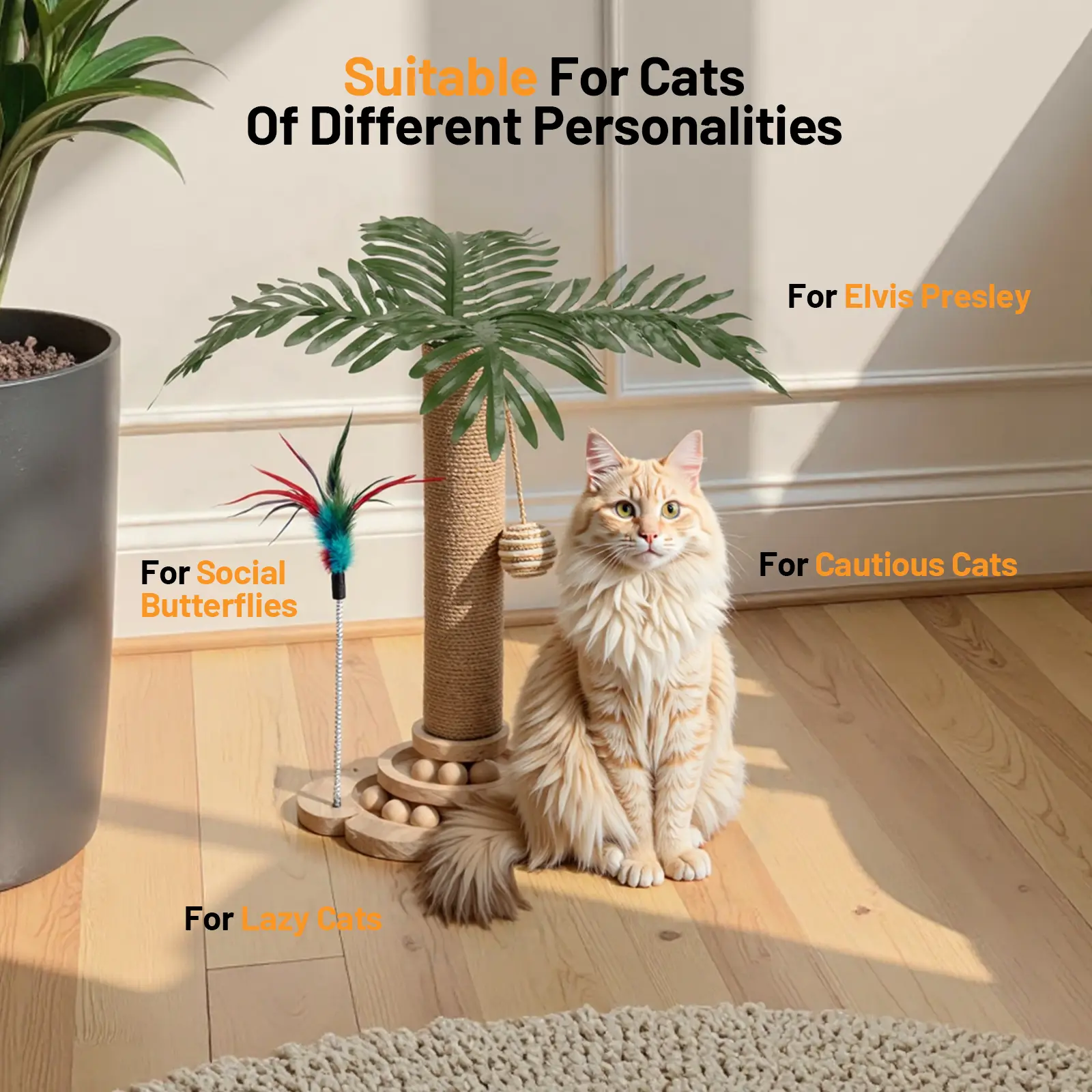 Indoor Sisal Cat Scratching Post - Art Deco Classic Contemporary Multi-Level Play Cat Tree with Large Leaves, Hanging Toys, Wooden Track for Kittens