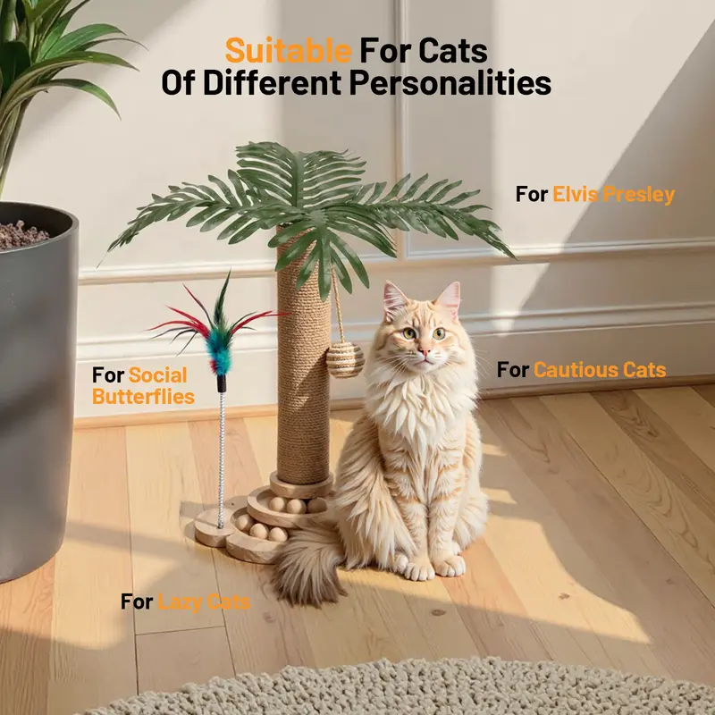 Natural Sisal Scratcher Cat Tree - Classic Contemporary Art Deco Multi-Level Indoor Pet Furniture with Large Leaves, Hanging Toys, Wooden Track, Wooden Base, Stain Resistant, Hand Wash Only, Detachable