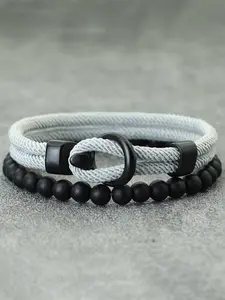 Men's Dual Layer Rope Bracelet Set, Obsidian Stone Hook, Casual Nautical Style Gift, All Season Wear, No Choking Hazard, Stackable Bracelets, Jewelry Bracelet