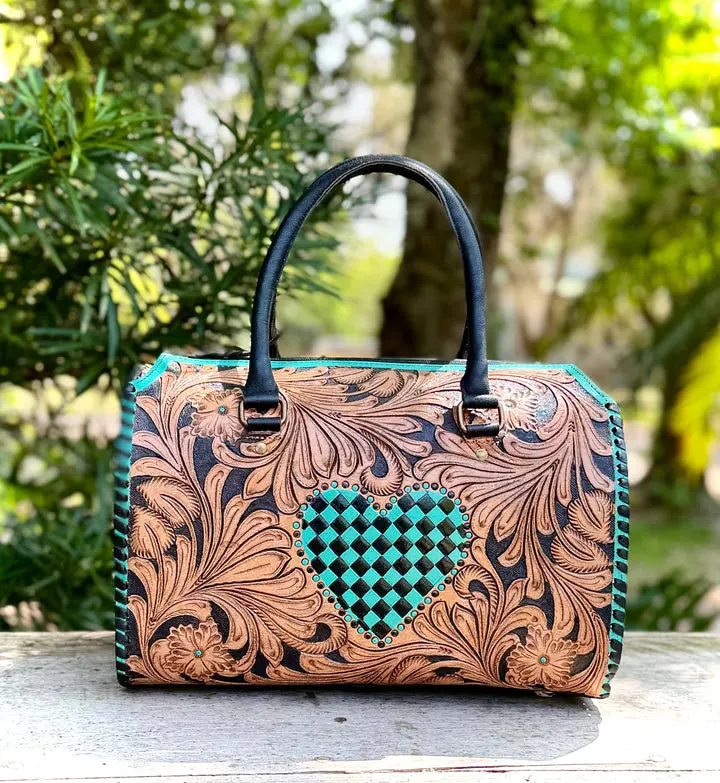 Tooled Leather Turquoise Black Checkered Heart Speedy Bag