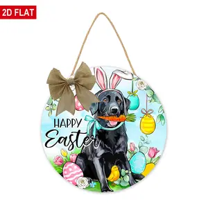 Happy Easter Black Labrador Dog Front Door Sign, Easter Eggs Wood Door Hanger Outdoor Outside Porch Decor, Spring Chick Carrot Wooden Wreath Indoor Wall Hanging Decoration Pet Lover Gift, 12 inch welcome round door hanger