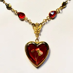 Nicole Heart Locket Necklace with Red Beads & Floral Design in Heart Shape - Handmade with Real Dried Flowers, Stainless Steel Chain, 16" Length