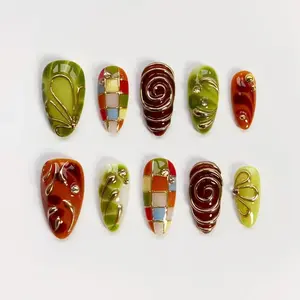 GARDEN DREAM | 3D Gold Chrome & Mosaic Plaid Press On Nails | Earthy Green & Brown Fake Nails | Abstract Swirl Botanical Aesthetic | Custom Handmade Almond Set 2026