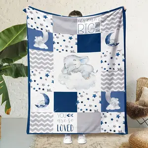 Dream Big Little One Baby Elephant Soft Cozy Flannel Blanket Blue Gray Star Moon Cloud Print Plush Throw Warm Fuzzy Nursery Crib Bed Blanket Perfect Baby Shower Birthday Gift for Newborn Toddler Boys Infant Kids Home Decor