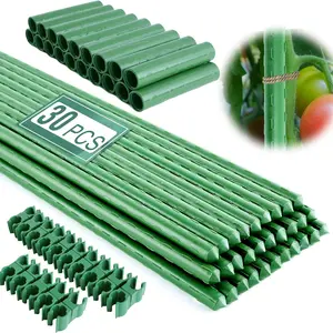 Garden Stakes 16 Inch 30 Pack, Diy 4ft 5ft 6ft 7ft 8ft Tomato Stakes Plastic Coated Metal Plant Sticks Stakes Supports with 20 Connectors 15 Rotatable Clips for Indoor Outdoor Plants Vegetable