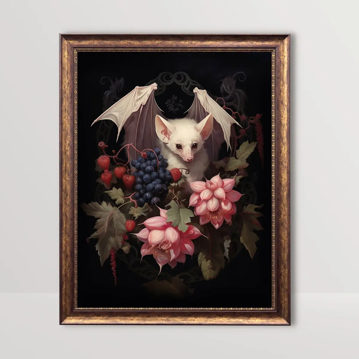 Albino Fruit Bat | Dark Cottagecore Goth Print, Floral Vintage Painting, Botanical Gothic Wall Art Whimsigoth Decor, Dark Academia Unframed