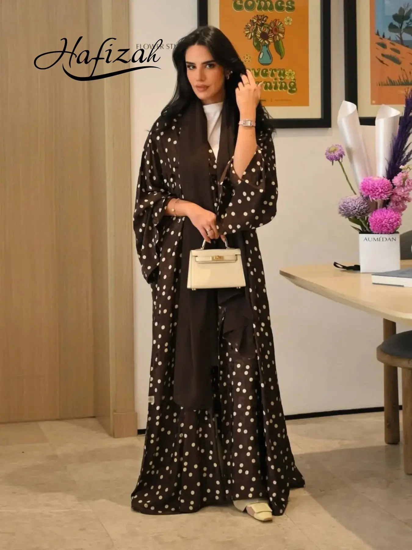 Hafizah Deep Polka Dot Long Cardigan Set, Matching Headscarf Two-Piece Set, Vintage Style Daily Outerwear for Women Womenswear Everyday Lady Clothes