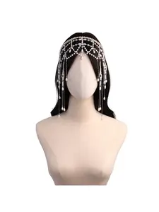Elegant Bride Handmade Imitation Pearl Headband Hair Accessory with Removable Long Fringe Brow Center Forehead Decor and Wedding Trailing Veil Net Accessories