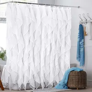 Solid Color Ruffle Trim Shower Curtain, 1 Count Modern Art Wave Design Bathroom Curtain, Bathroom Decor Supplies for Home Hotel Salon Dormitory, Bathroom Decoration Accessories