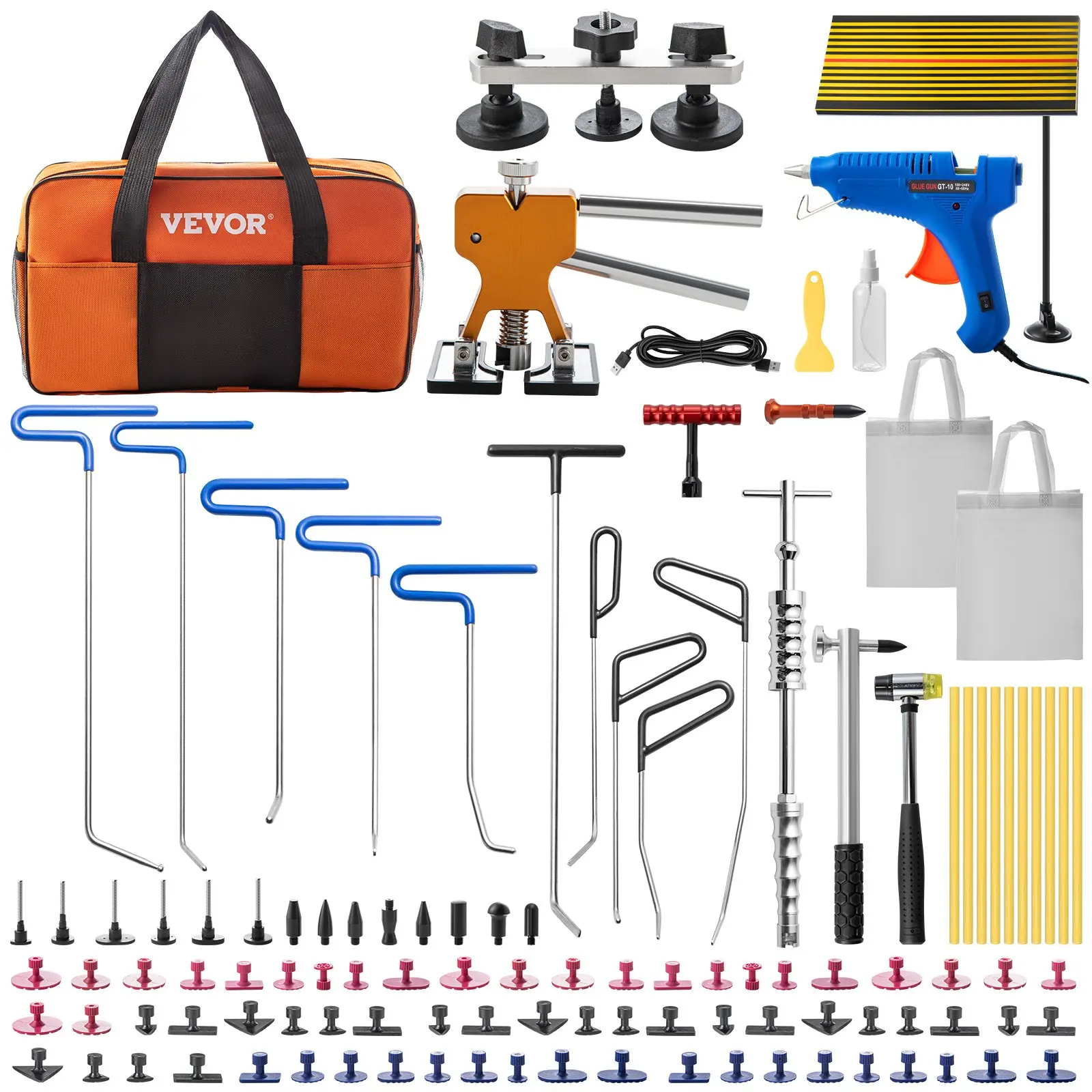 【Summerfinds】VEVOR 89-Piece Paintless Dent Removal Kit,  Paint-Safe Rods with Golden Lifter Puller, Glue Puller Tabs, Steel+Alum Parts for Auto Minor Dents, Door Dings on Metal Surfaces Repair, Pullers