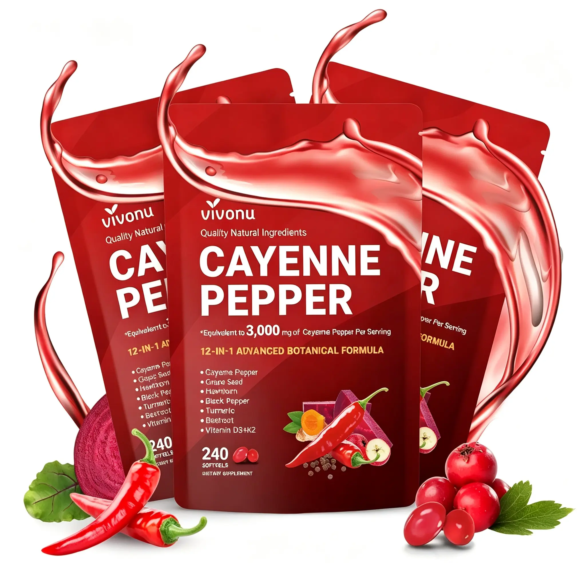 【Brand Day】VivoNu Cayenne Pepper Softgels Supplement, Supports Leg Vein, Heart and Blood Vessel Health, with Vitamin E D3+K2 and Extracts of Grape Seed, Hawthorn, Beetroot and Others (240 Softge /1 Bag) SummerVibes