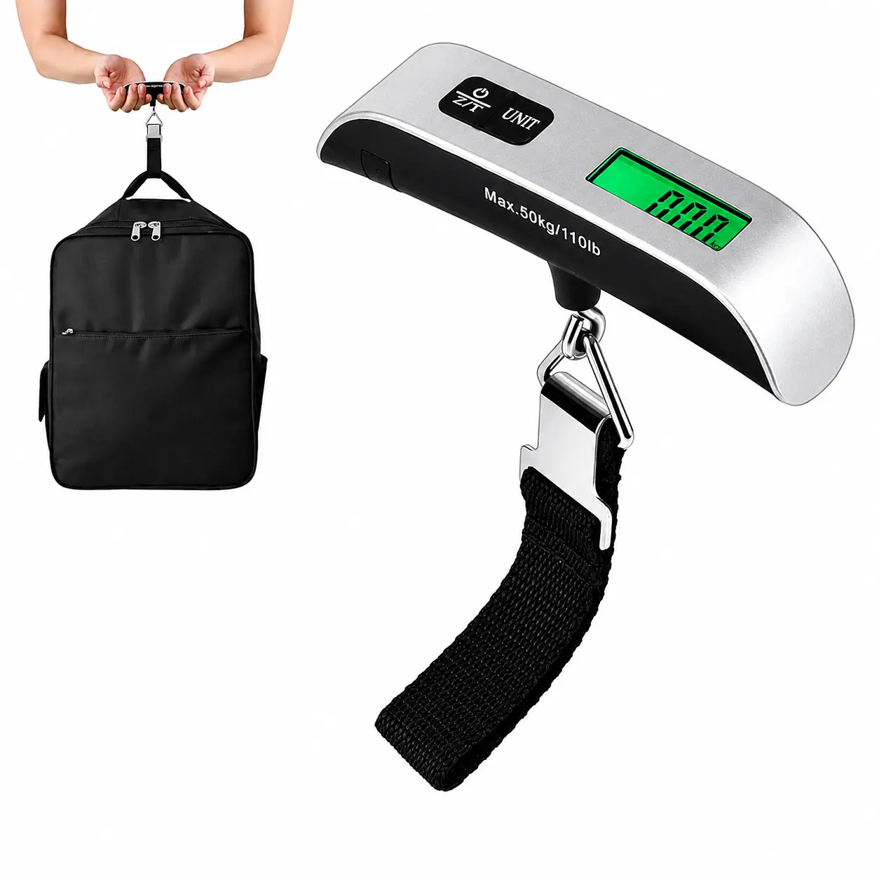 110lbs Portable Digital Luggage Scale - Industrial Hanging Scale with Backlit LCD, Metal Hook, Strap, Heavy-Duty Design for Luggage, Small Pet Weighing Travel Essential Tool