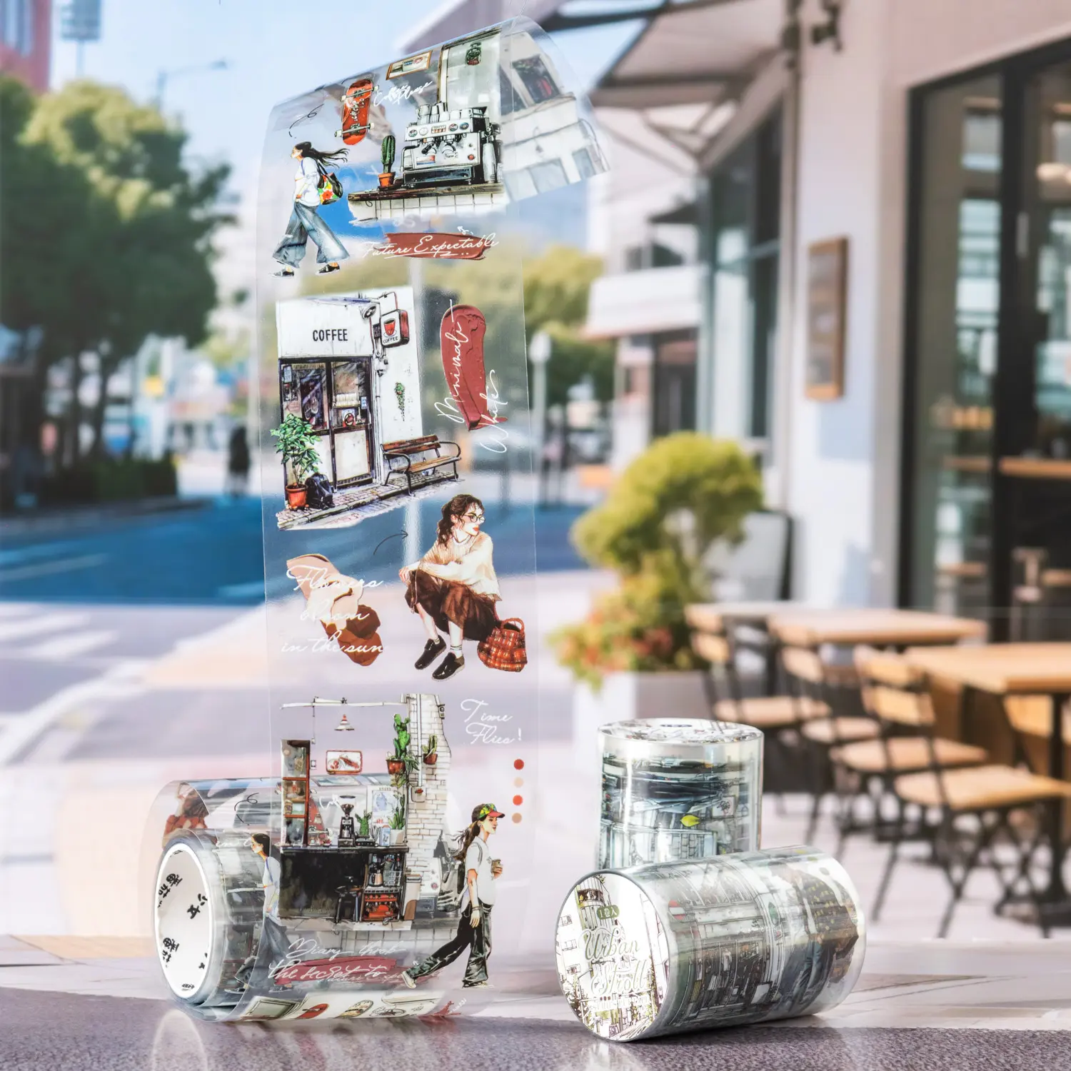 Urban Walk Series Pet Tape Roll, Adhesive, City Walking Series, City Life Theme Stationery Decorative Stickers for Journals & Water Bottles, Creative Projects, 1 Roll Per Bag, Compact Packaging