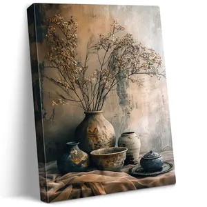 Rustic Still Life Canvas Wall Art Decor for Living Room, Farmhouse Pottery & Dried Floral Branch Print, Vintage Vase Home Decoration Stretched Canvas Artwork, Earthy Tones Wall Hanging for Bedroom Ornaments Artistic