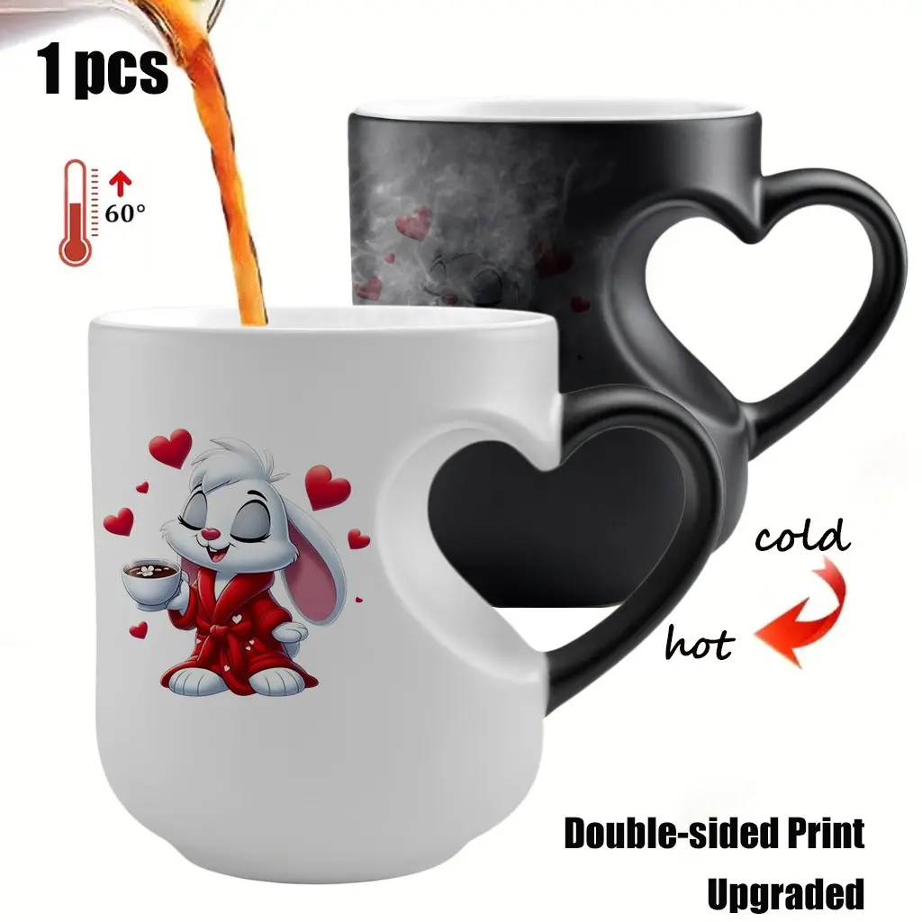 Charming Bunny Ceramic Coffee Mug, Drinkware, Warmth in Every Sip, Magic Color-Changing Mug, Heart-Handle Design, Perfect Valentine's Day Gift for Couples, Fun Ceramic Mug, Cup, Tea, Beverage