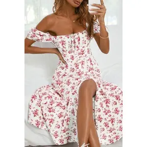 Women's Summer Puff Sleeve Floral Split Maxi Dress
