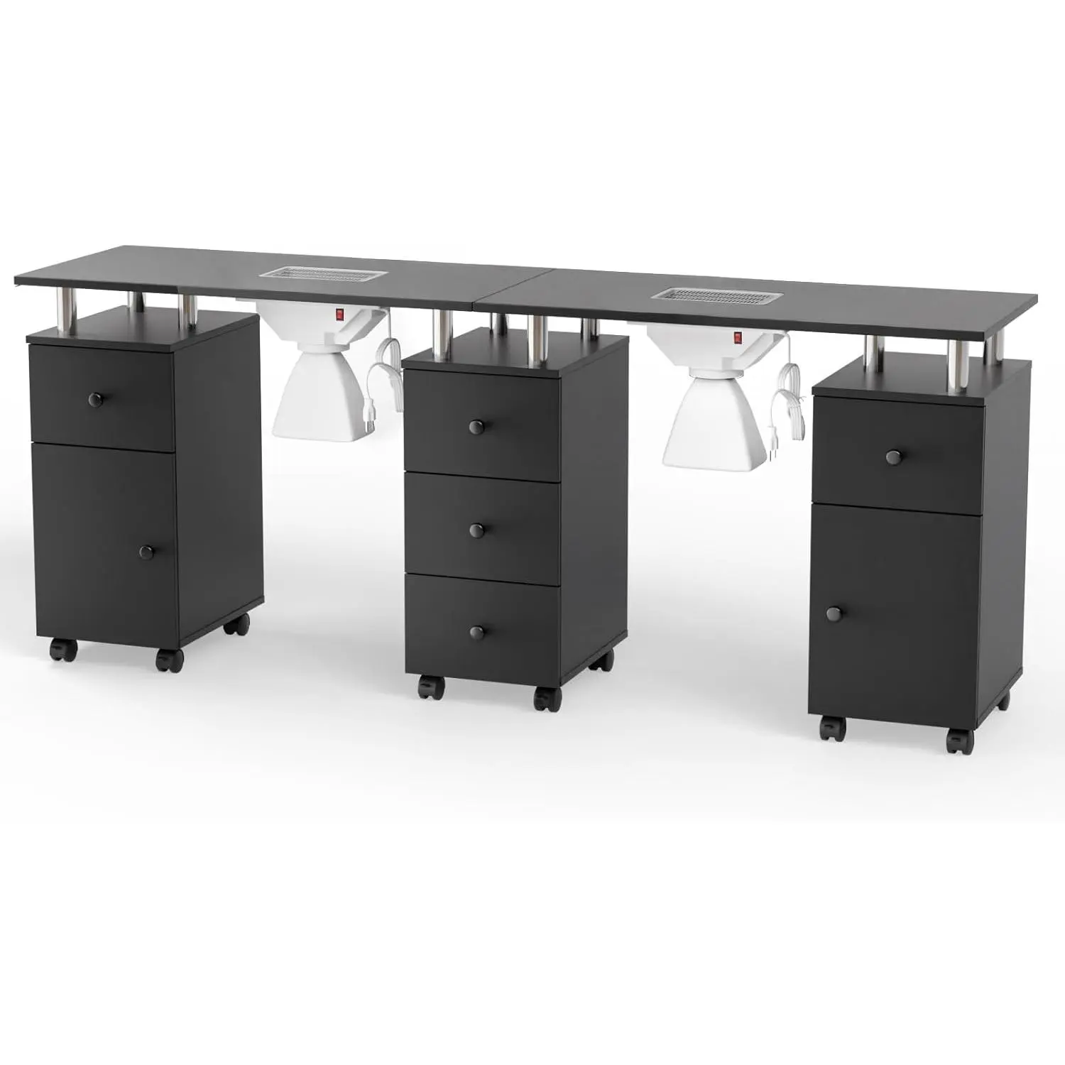 OmySalon Double Commercial Salon Manicure Table - Nail Tech Station with Makeup Vanity, Dust Collector, Wheels, Arm Rest, Drawers, Cabinet Storage, Acetone Resistance