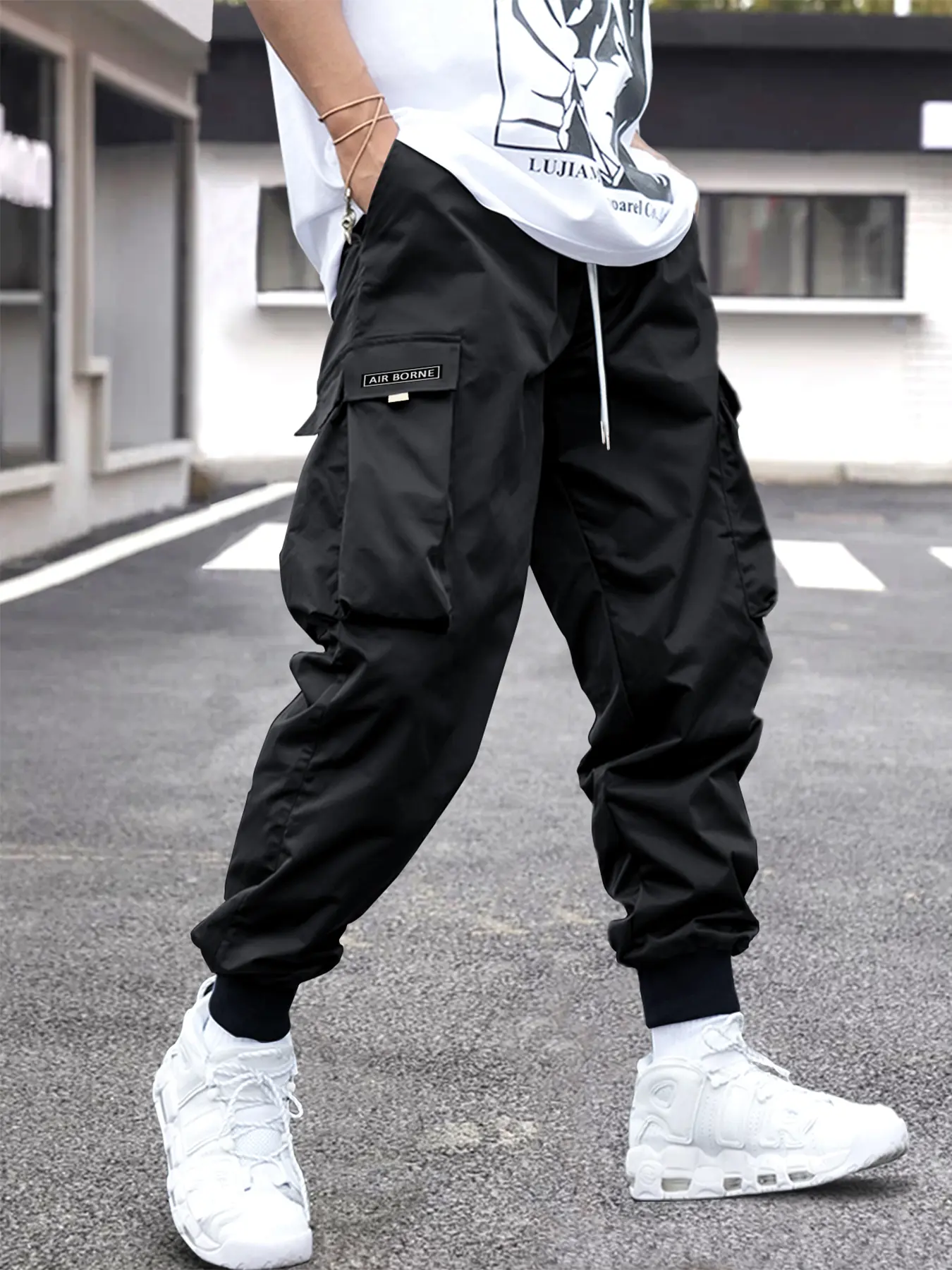 Men's Casual Plain Fabric Cargo Trousers - Loose Jogger Pants with Flap Pockets, Drawstring Waist, Summer Menswear; Size Recommendation: Choose 1 Size Larger