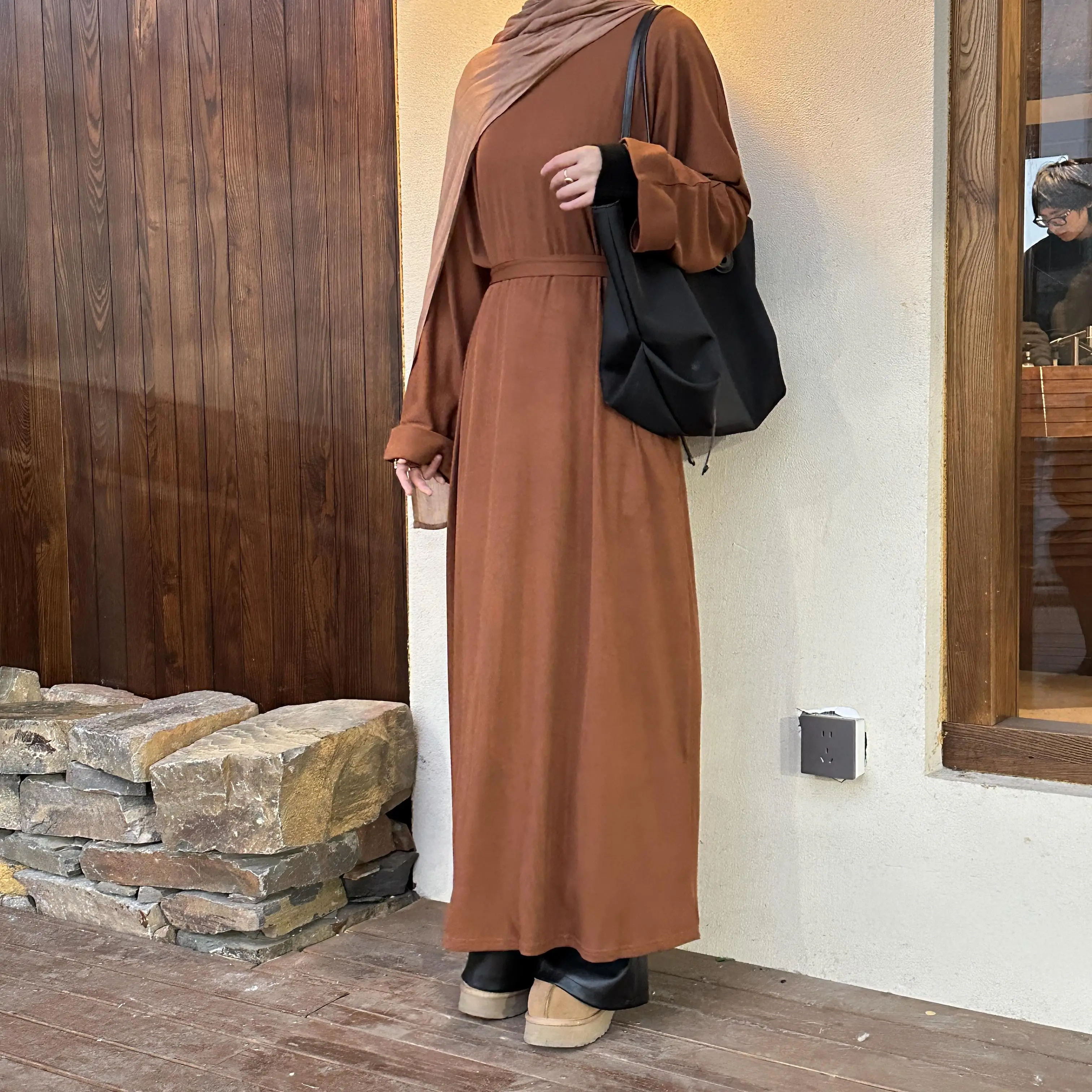 Casual Crinkled Jersey Ultra Soft Elastic Essential Abaya With Pockets & Matching Belt (NCA002） Women Muslim