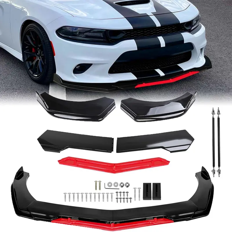 Adjustable A Style Front Bumper Lip Chin Splitter Spoiler Air Dam Fit 66.9"-76.7" in Width Cars + 2Pcs Adjustable 8"-11" Front Splitter Rods, Glossy Black W/Red