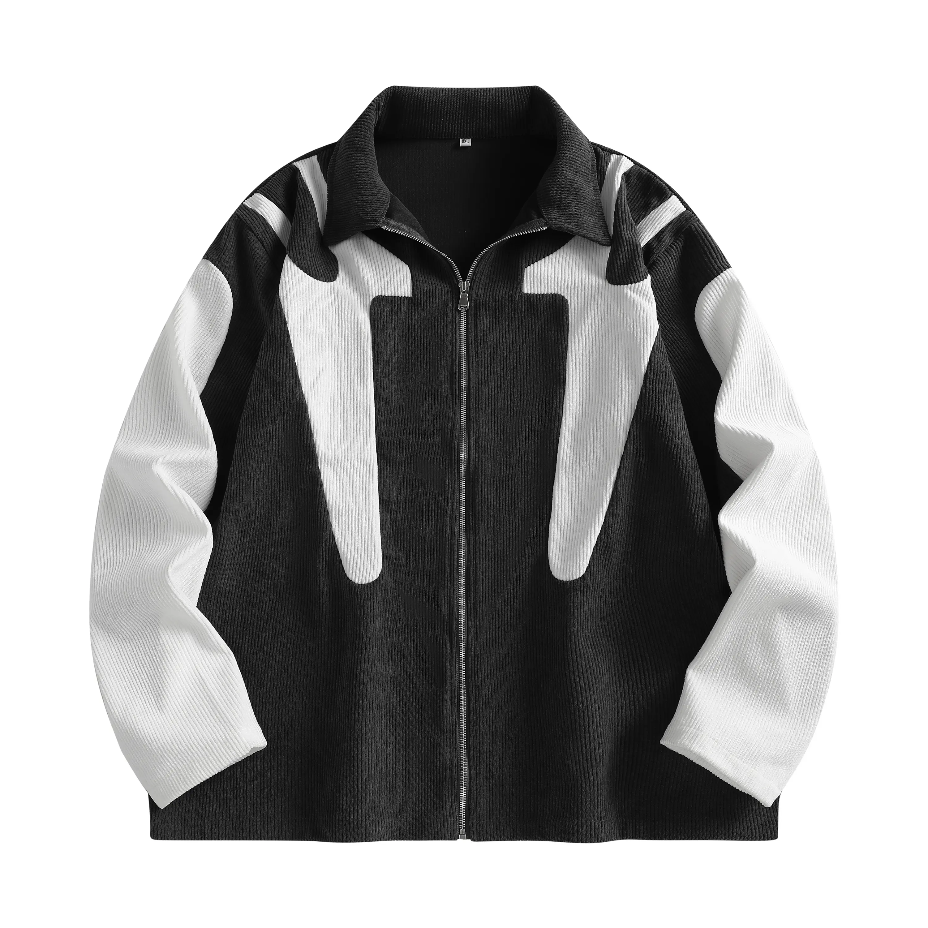 Men’s color-block corduroy zip-up jacket, vintage black-and-white patchwork lapel-collar shacket, loose-fit long-sleeve casual streetwear coat, Y2K hip-hop oversized corduroy shirt jacket for everyday outfits