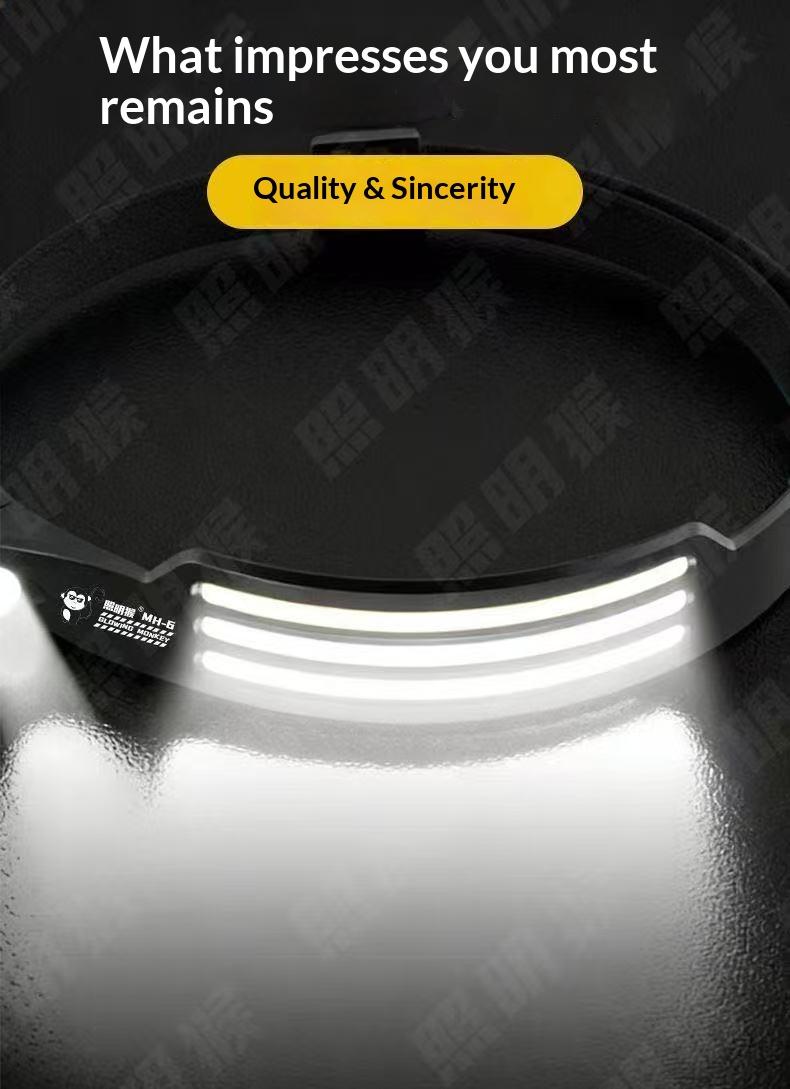 Silicone headlight LED mini multifunctional wave sensing head mounted light COB outdoor fishing and hiking strong light far and near bald head light | Multi level adjustment | Ultra lightweight and portable