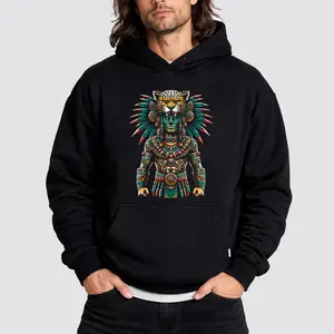 Aztec Jaguar Warrior Mayan Calendar Art Hoodie, Fleece Fabric Unisex Casual Streetwear Trendy Top for Men for Women