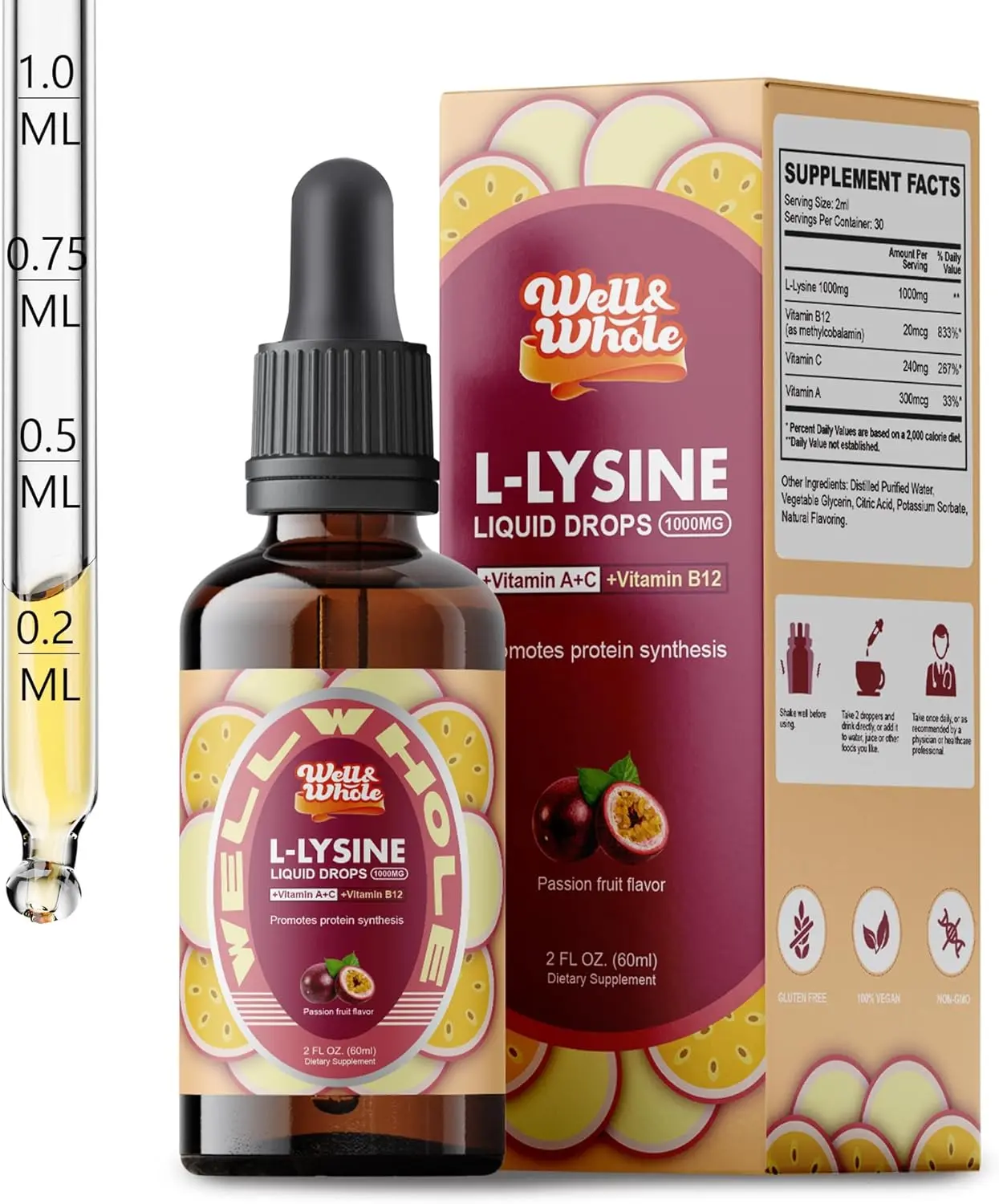 Well&Whole L-Lysine Supplement Liquid Drops | L-Lysine Vitamins 1000mg Tincture with Vitamin A, C, and B12 | Immune Support, Skin & Lips Health, Collagen Synthesis & Muscle Recovery | Non-GMO, Vegan，2 Fl Oz