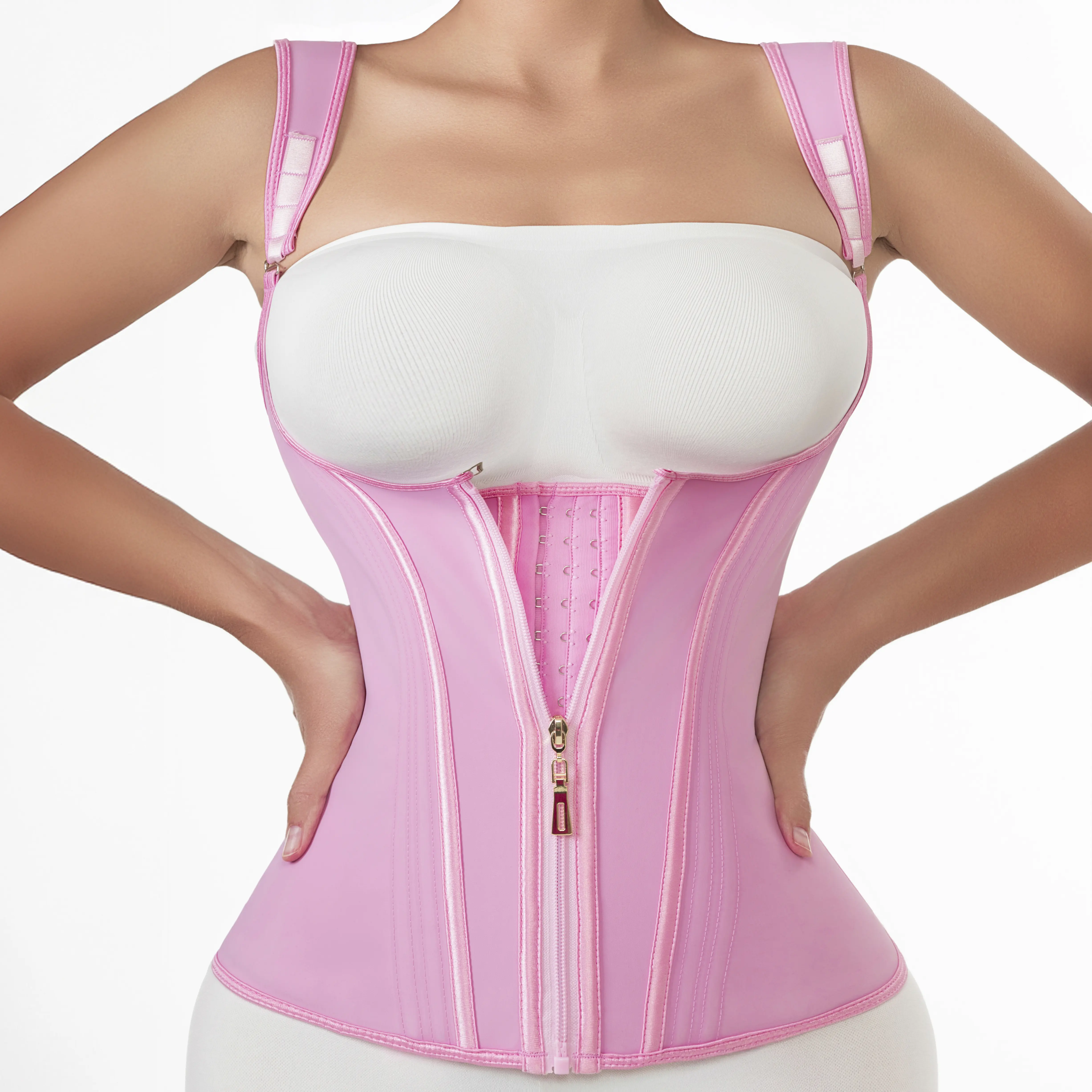 Women's High Waist-Mid Waist Nylon Fabric Corset Shapewear Vest - Front Zipper, Adjustable Straps, Hook-and-Eye Closure, Tummy Control, Slimming Fit for Wedding, Casual Wear, Machine Washable Fajas, Slimming Effect